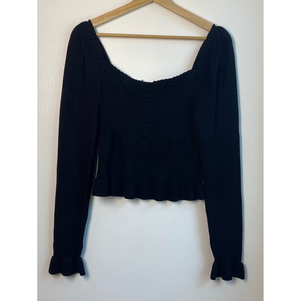 Princess Polly Sweater Top Womens Black Long Sleeve Ruffle Hem Square Neck Top